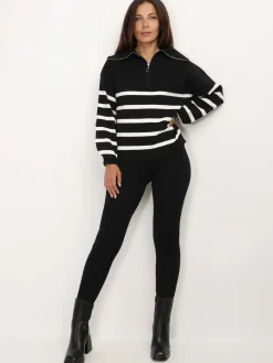 Clearance La Modeuse Pull à col zippé et rayures Noir