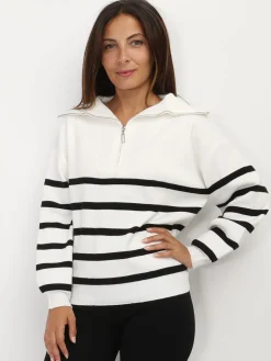 Online La Modeuse Pull à col zippé et rayures Blanc