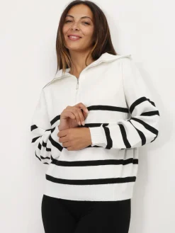 Online La Modeuse Pull à col zippé et rayures Blanc