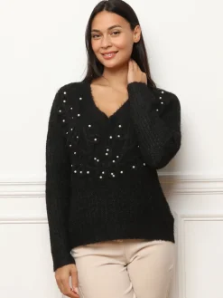 La Modeuse Pull à détails en crochet et perles Noir