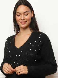 La Modeuse Pull à détails en crochet et perles Noir