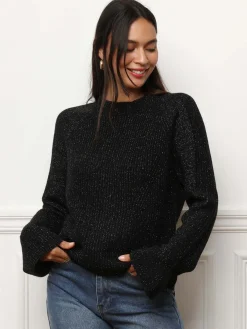 Sale La Modeuse Pull à fils brillants et manches évasées Noir