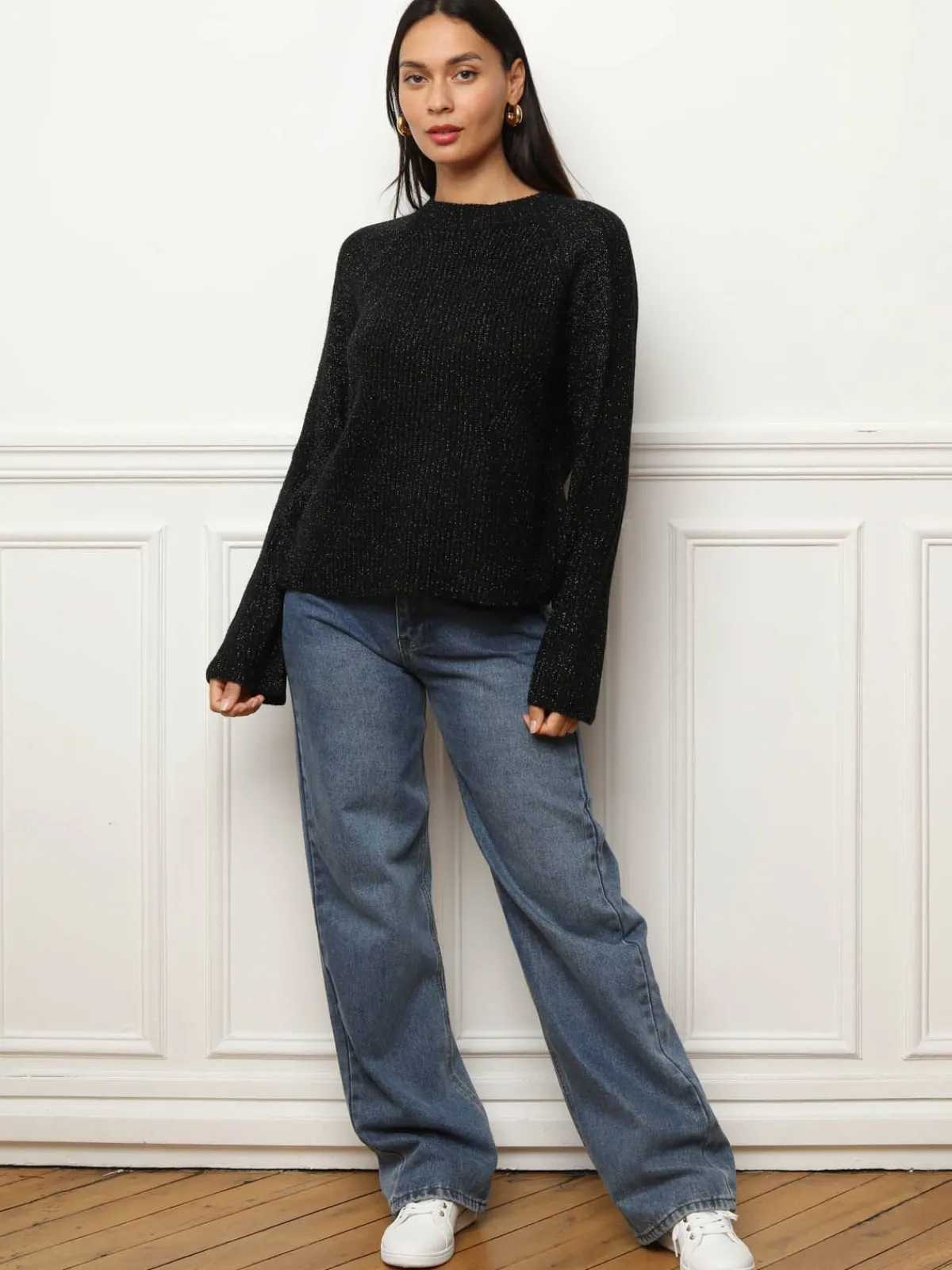 Sale La Modeuse Pull à fils brillants et manches évasées Noir