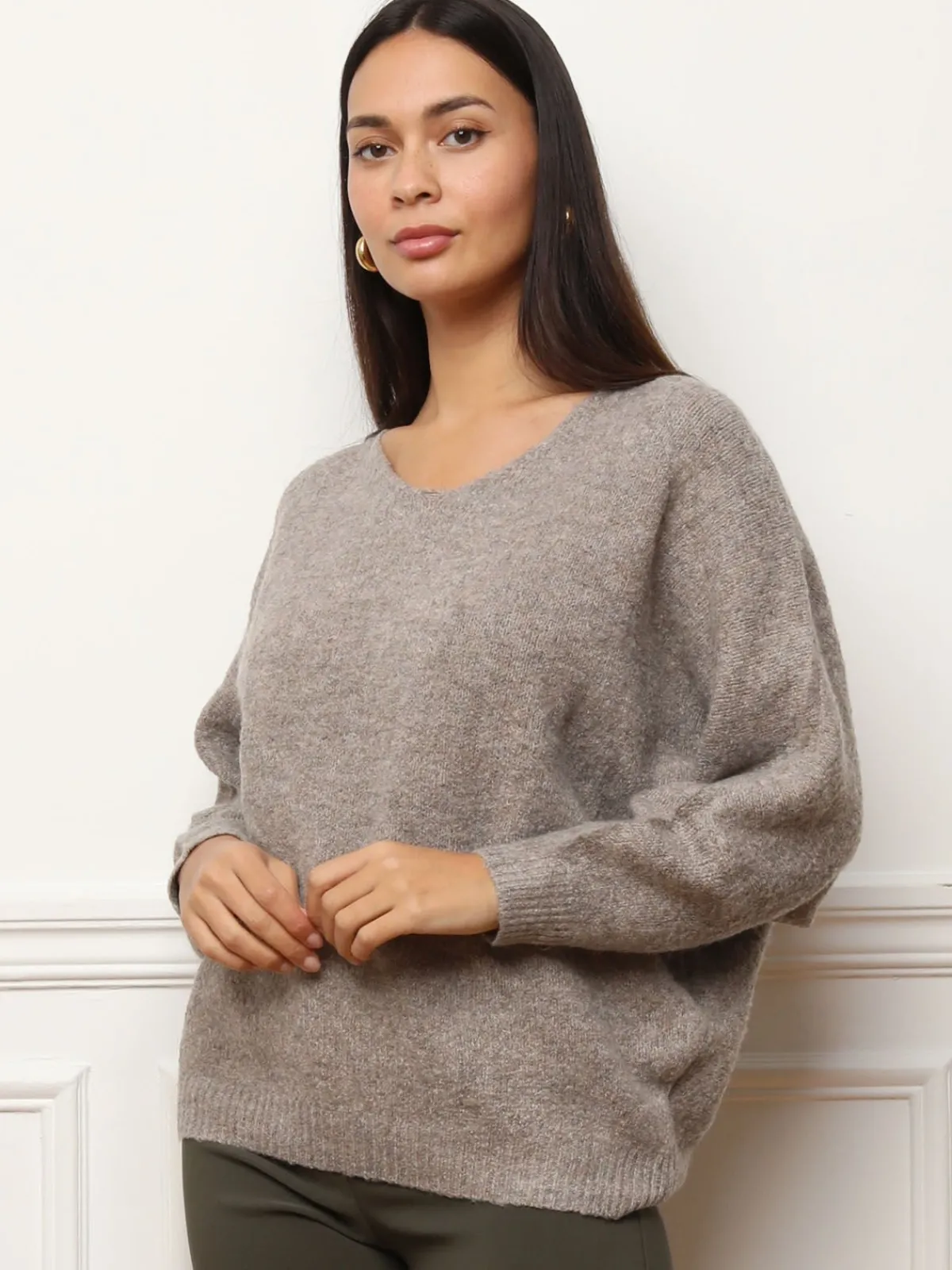 Sale La Modeuse Pull à manches chauve-souris Taupe