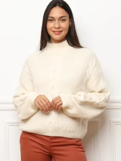 Hot La Modeuse Pull à motifs et manches ballons Ecru