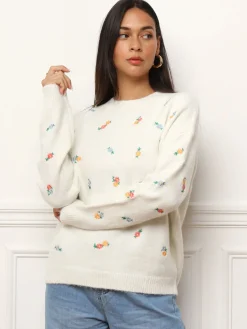 Best La Modeuse Pull à petites fleurs brodées Blanc
