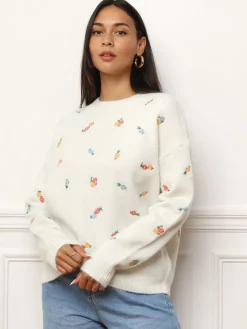 Best La Modeuse Pull à petites fleurs brodées Blanc