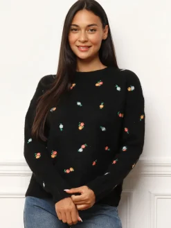 Clearance La Modeuse Pull à petites fleurs brodées Noir