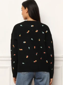 Clearance La Modeuse Pull à petites fleurs brodées Noir