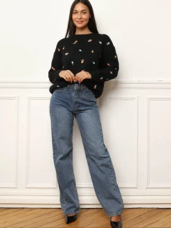 Clearance La Modeuse Pull à petites fleurs brodées Noir