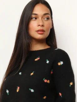 Clearance La Modeuse Pull à petites fleurs brodées Noir