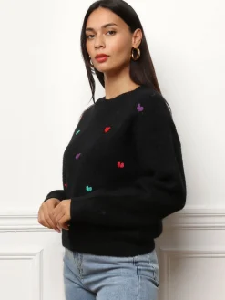 Online La Modeuse Pull avec petits c艙urs brodés Noir