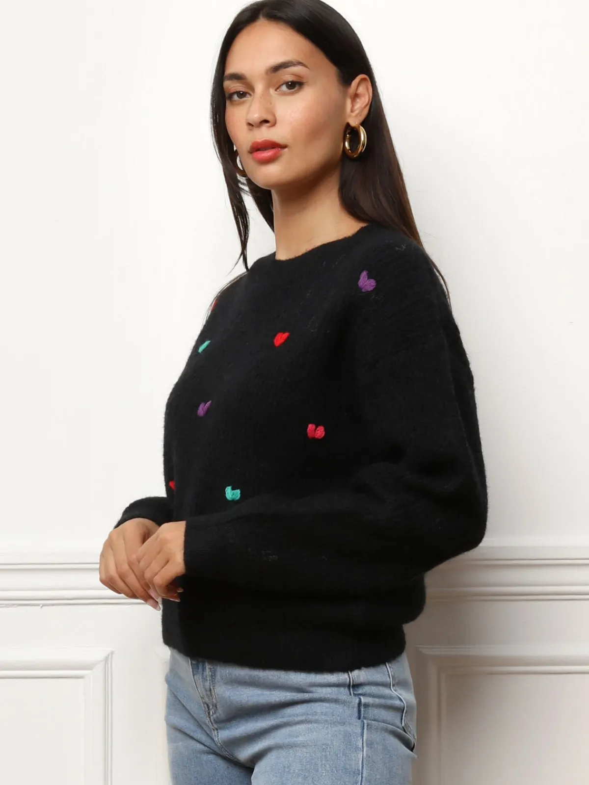 Online La Modeuse Pull avec petits c艙urs brodés Noir