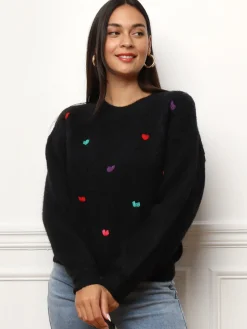 Online La Modeuse Pull avec petits c艙urs brodés Noir