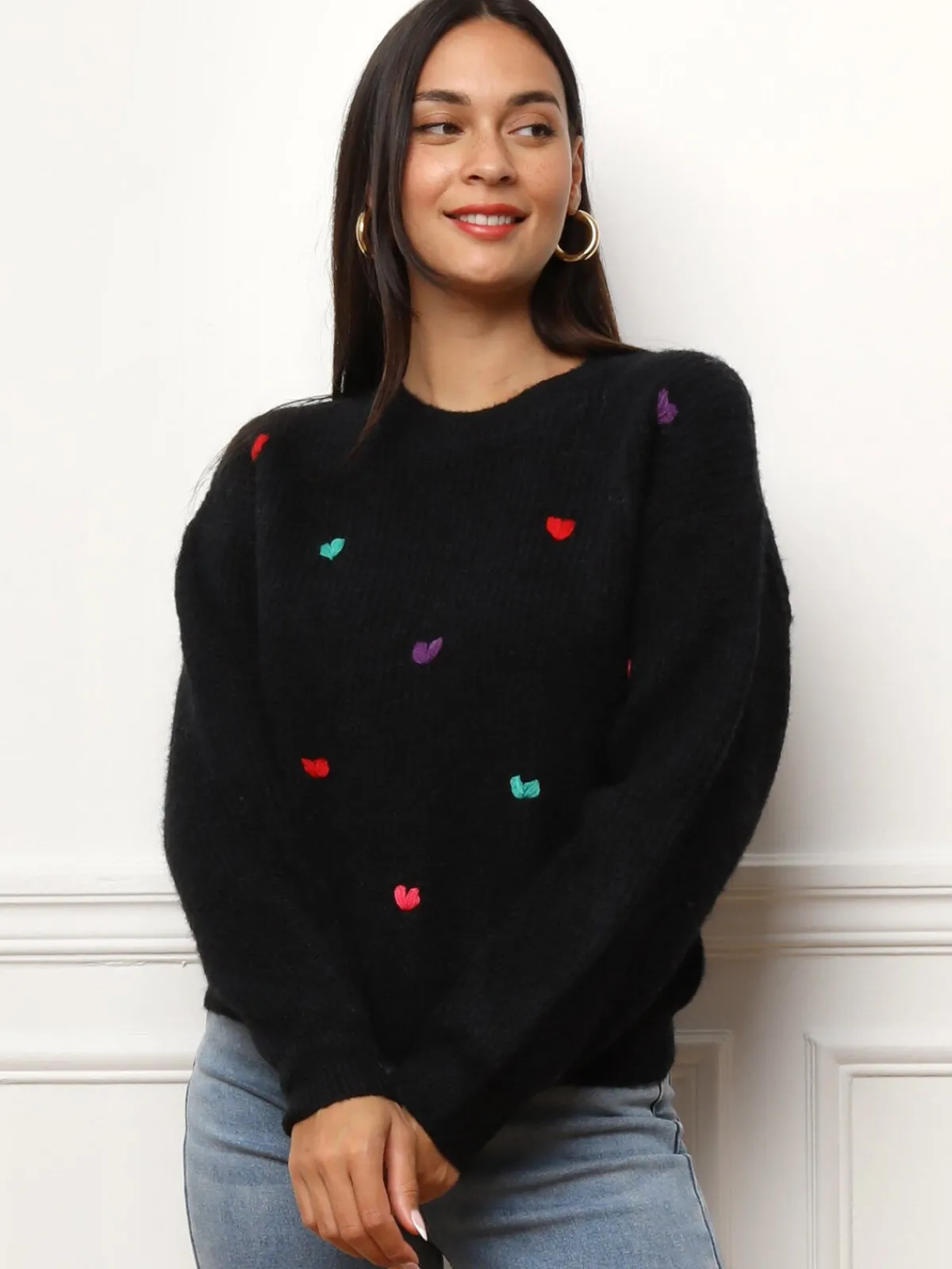 Online La Modeuse Pull avec petits c艙urs brodés Noir