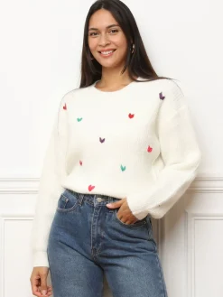Online La Modeuse Pull avec petits c艙urs brodés Blanc