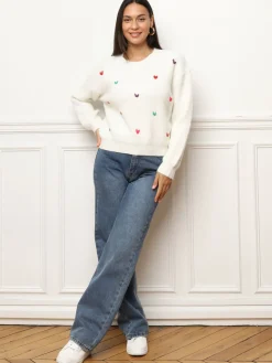 Online La Modeuse Pull avec petits c艙urs brodés Blanc