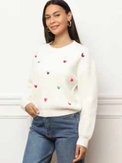 Online La Modeuse Pull avec petits c艙urs brodés Blanc