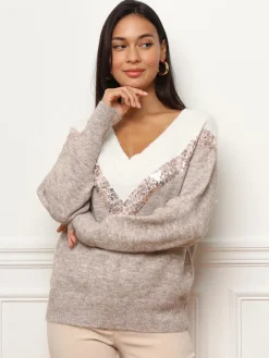 La Modeuse Pull bicolore à sequins Taupe