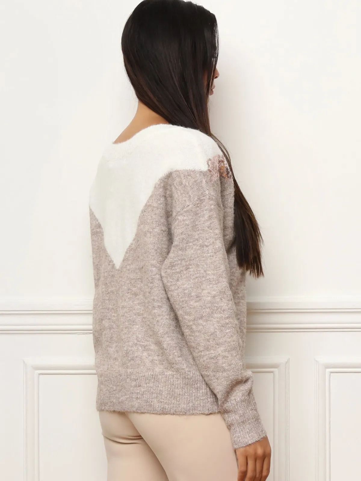 La Modeuse Pull bicolore à sequins Taupe
