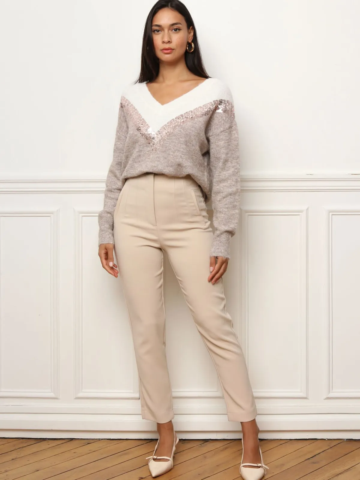 La Modeuse Pull bicolore à sequins Taupe