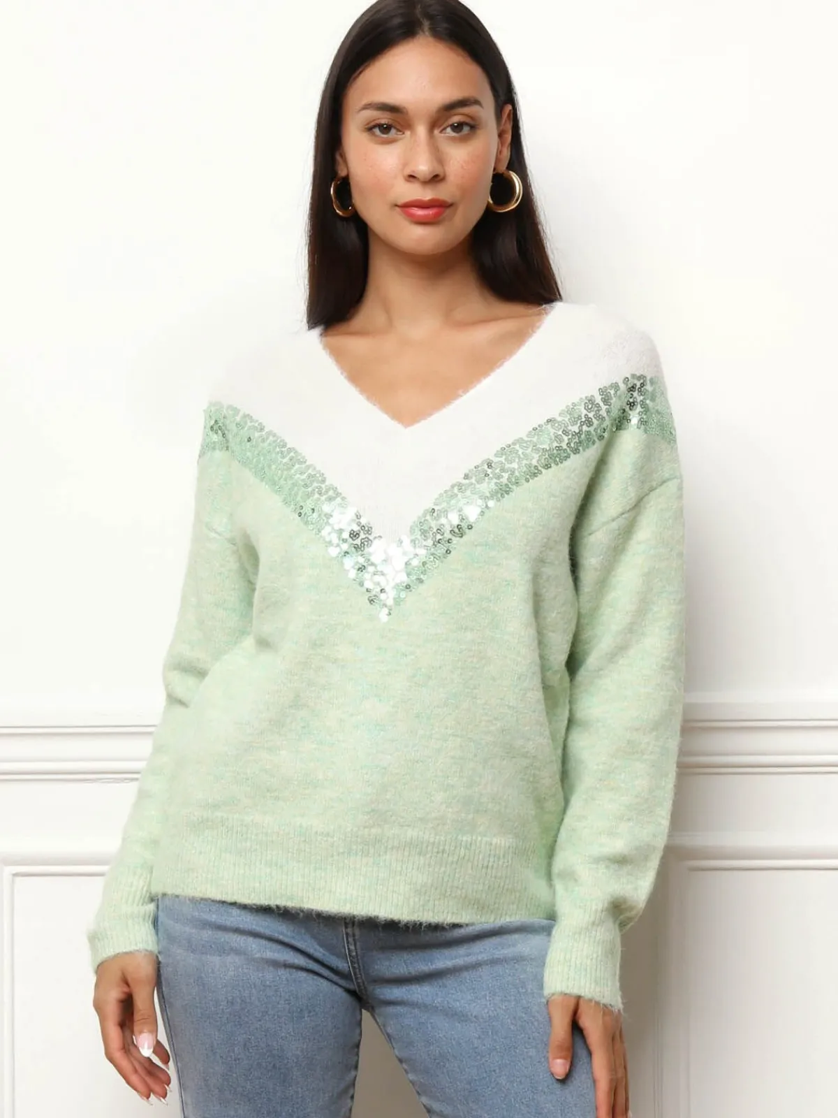 Hot La Modeuse Pull bicolore à sequins Vert