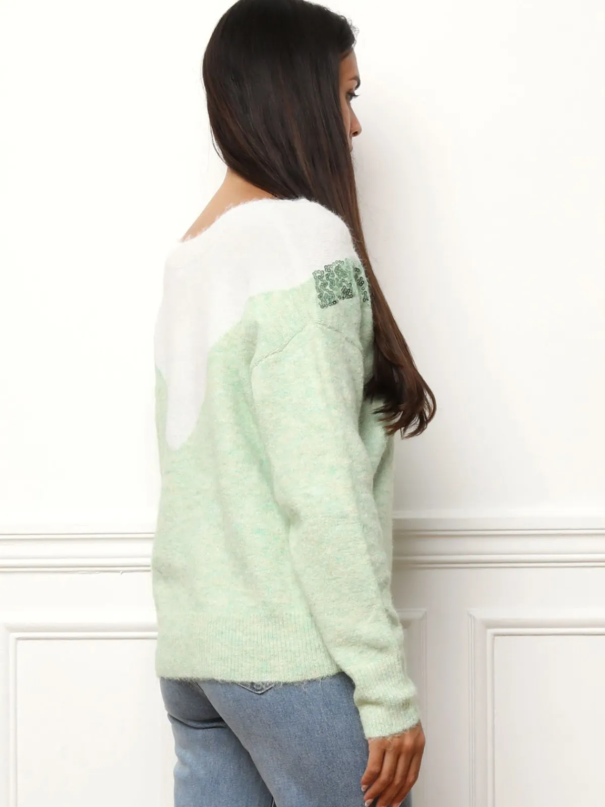 Hot La Modeuse Pull bicolore à sequins Vert