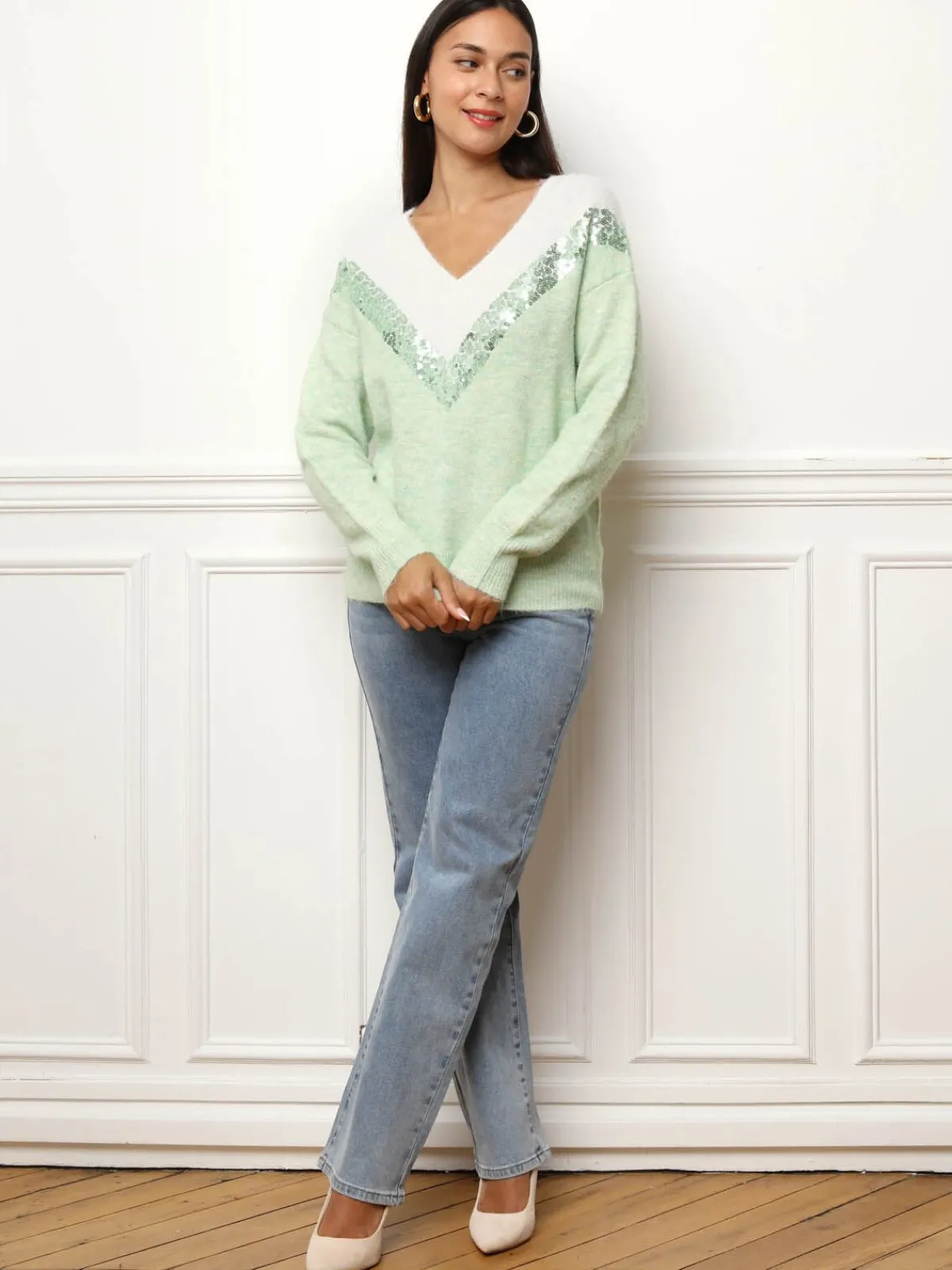 Hot La Modeuse Pull bicolore à sequins Vert
