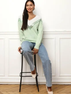 Hot La Modeuse Pull bicolore à sequins Vert
