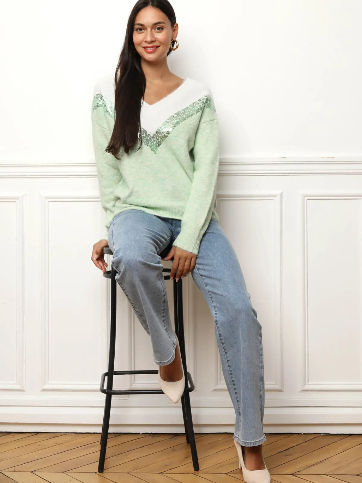 Hot La Modeuse Pull bicolore à sequins Vert