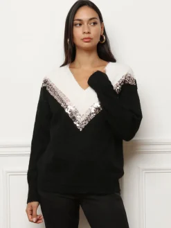 Outlet La Modeuse Pull bicolore à sequins Noir
