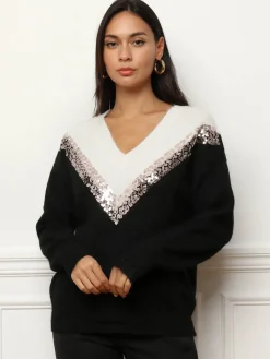 Outlet La Modeuse Pull bicolore à sequins Noir