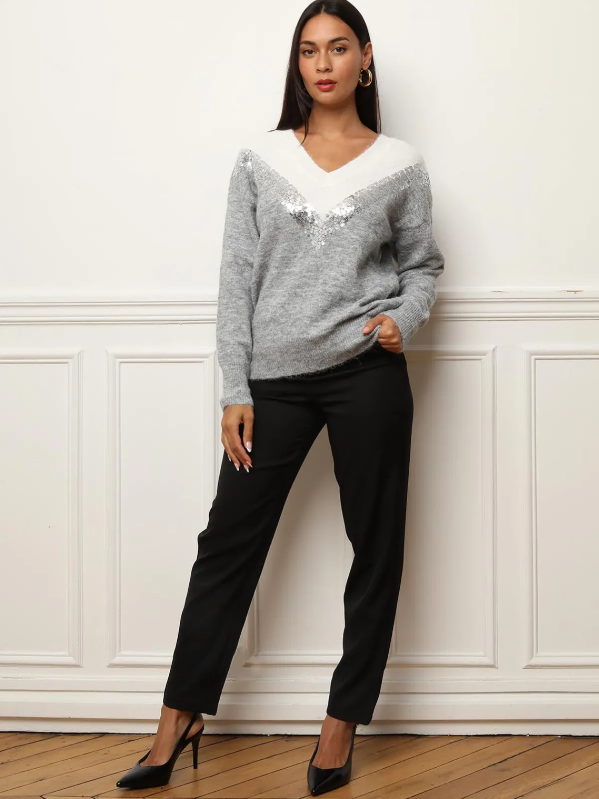 Discount La Modeuse Pull bicolore à sequins Gris