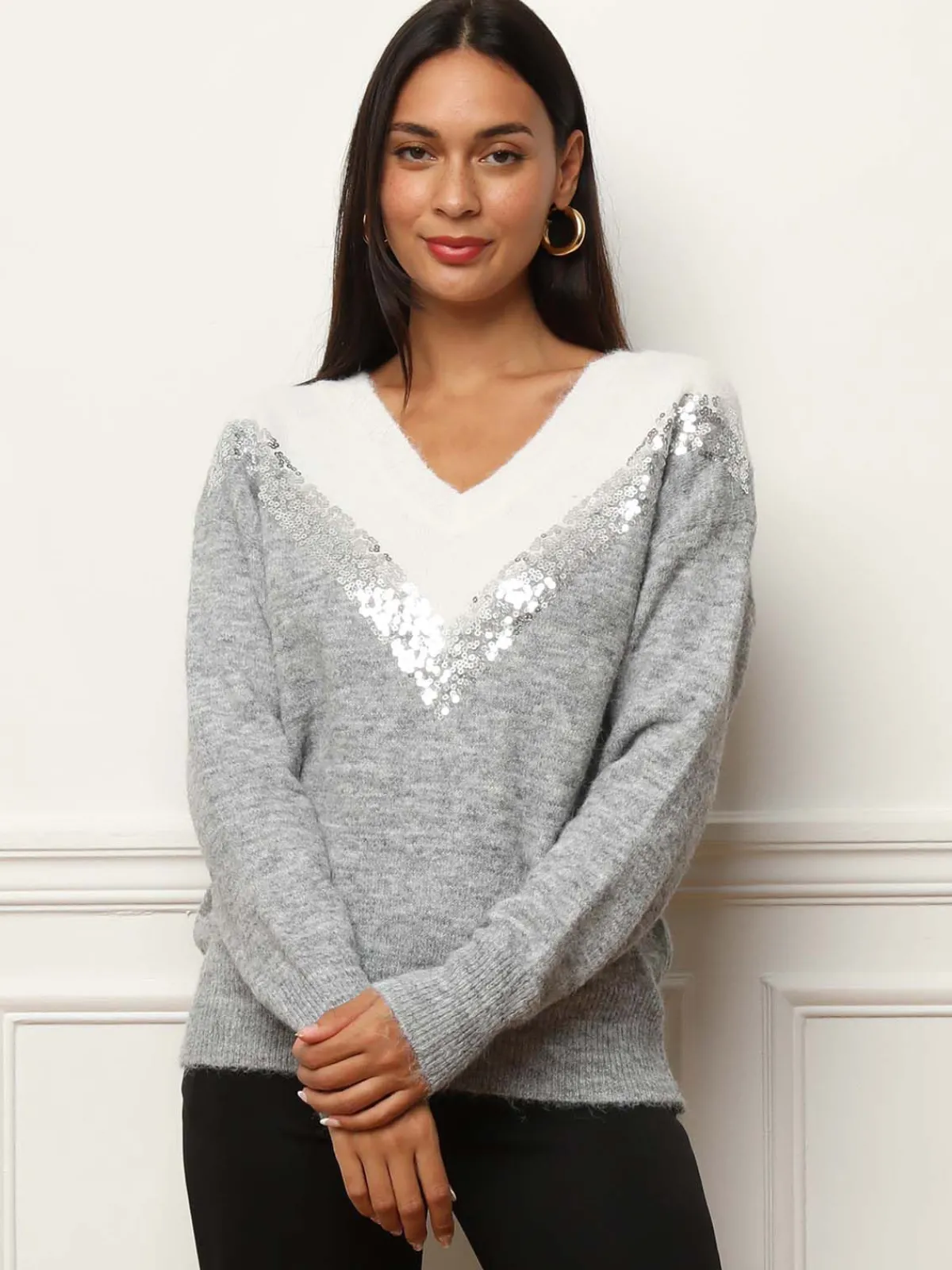 Discount La Modeuse Pull bicolore à sequins Gris