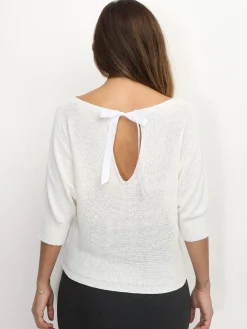 New La Modeuse Pull chauve-souris à ruban Blanc