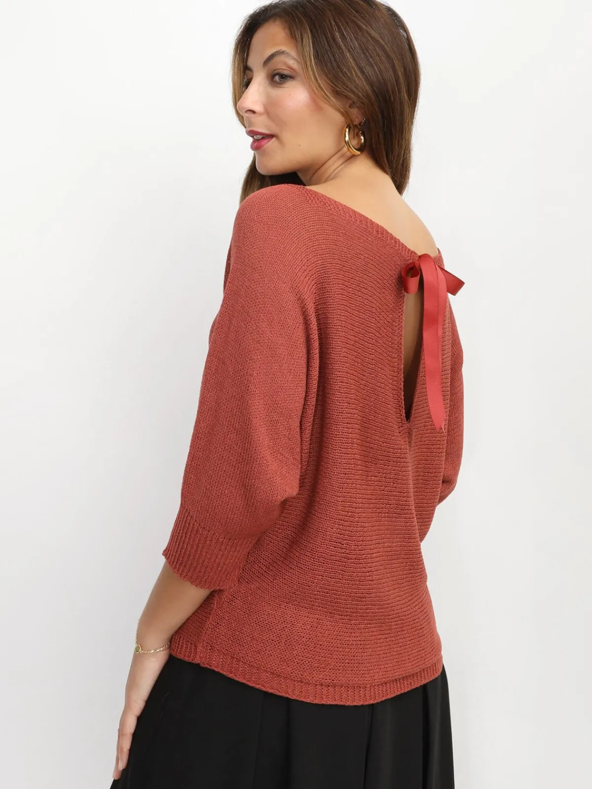 Sale La Modeuse Pull chauve-souris à ruban Brique