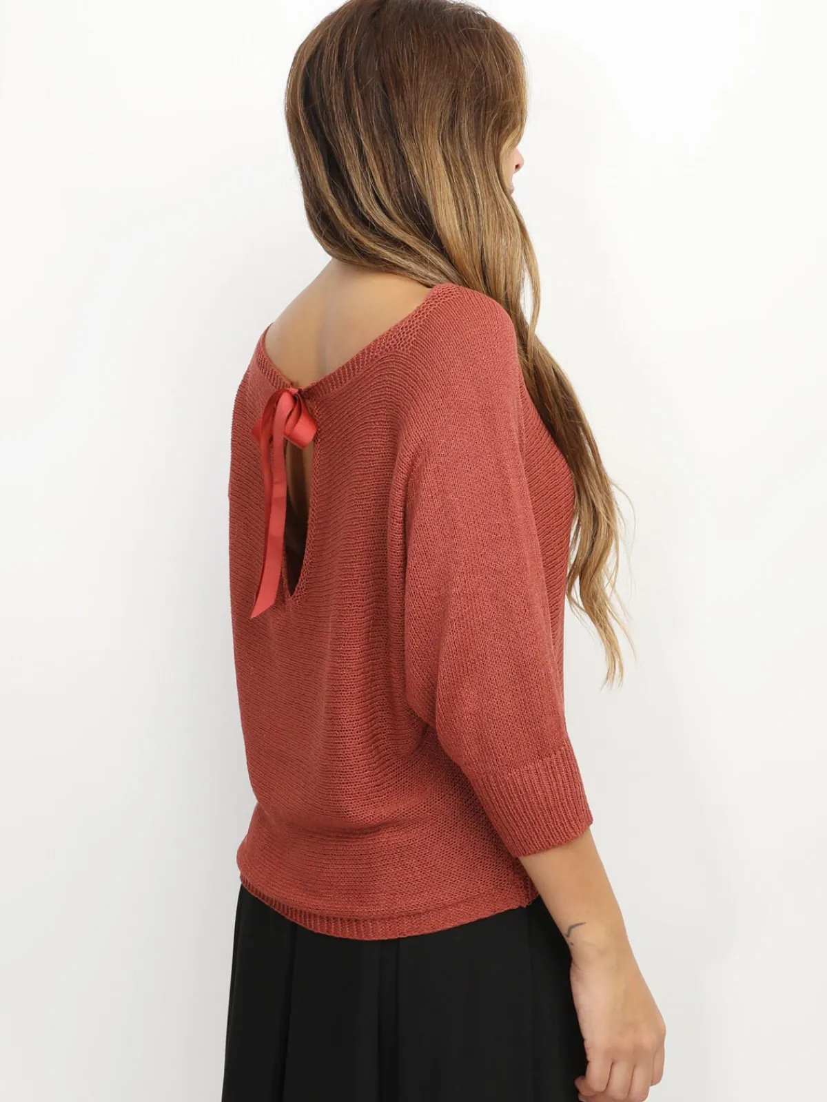 Sale La Modeuse Pull chauve-souris à ruban Brique