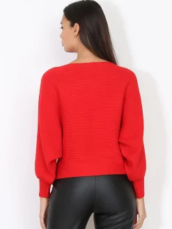Outlet La Modeuse Pull classique en maille côtelée Rouge