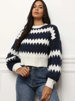 Best La Modeuse Pull court à imprimé graphique BleuMarine