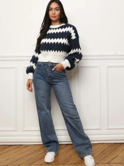 Best La Modeuse Pull court à imprimé graphique BleuMarine