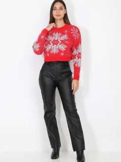 Discount La Modeuse Pull court de noël à motif flocon Rouge