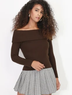 Clearance La Modeuse Pull côtelé à col bardot Marron