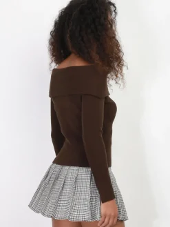Clearance La Modeuse Pull côtelé à col bardot Marron