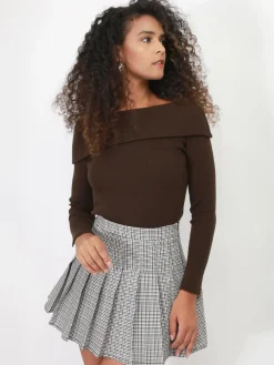 Clearance La Modeuse Pull côtelé à col bardot Marron
