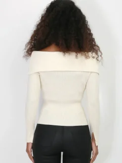 Outlet La Modeuse Pull côtelé à col bardot Beige