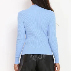 Hot La Modeuse Pull côtelé à col montant et boutons BleuClair