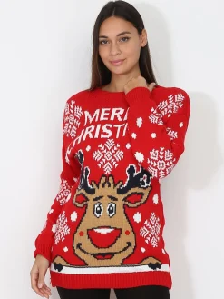 Discount La Modeuse Pull de Noël à motif renne Rouge