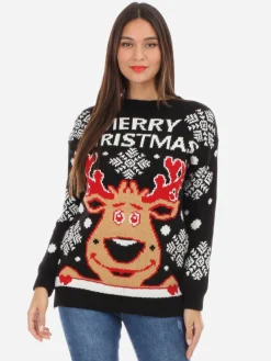 Hot La Modeuse Pull de Noël à motif renne Noir