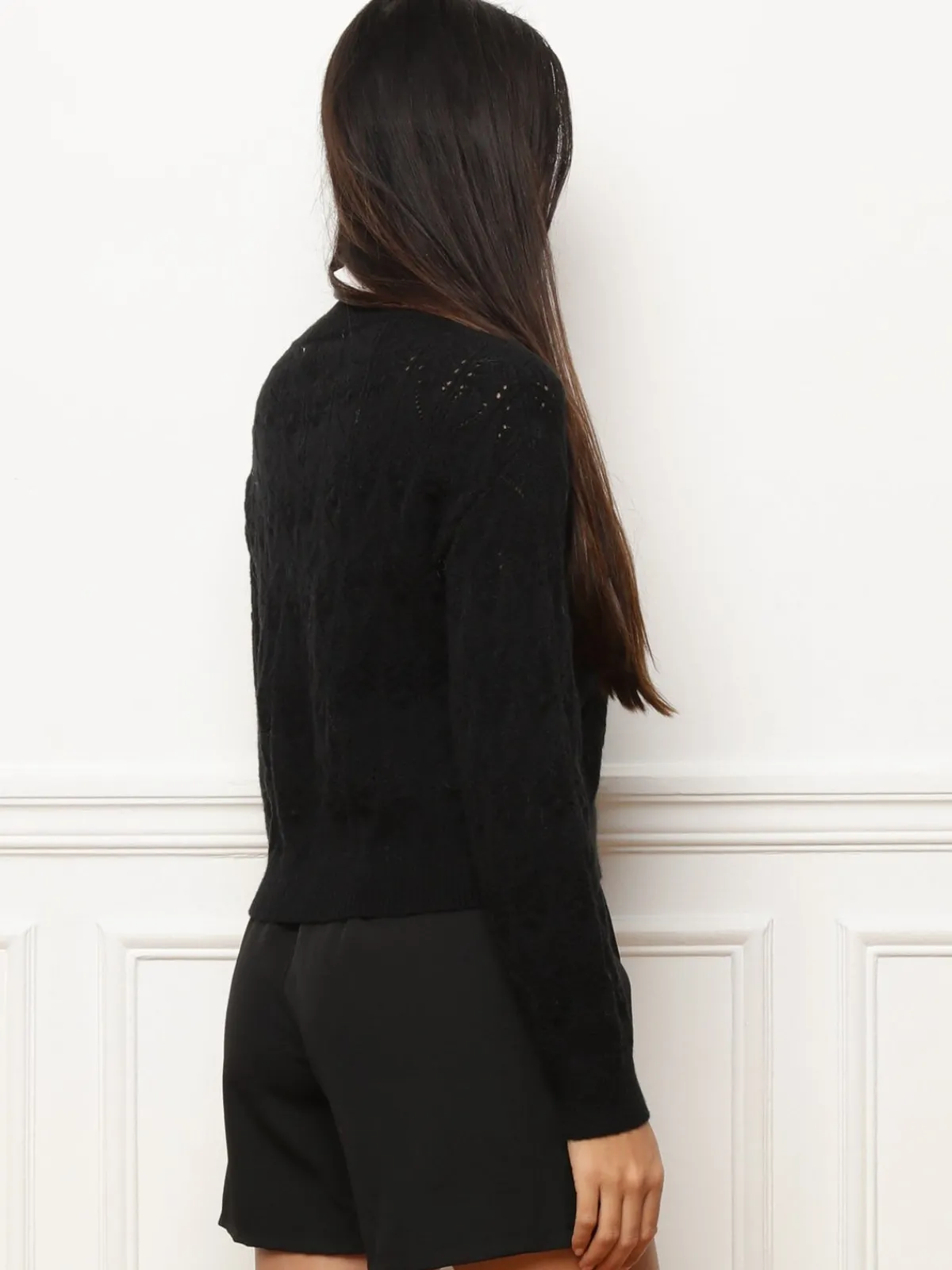 Hot La Modeuse Pull droit en maille ajourée Noir