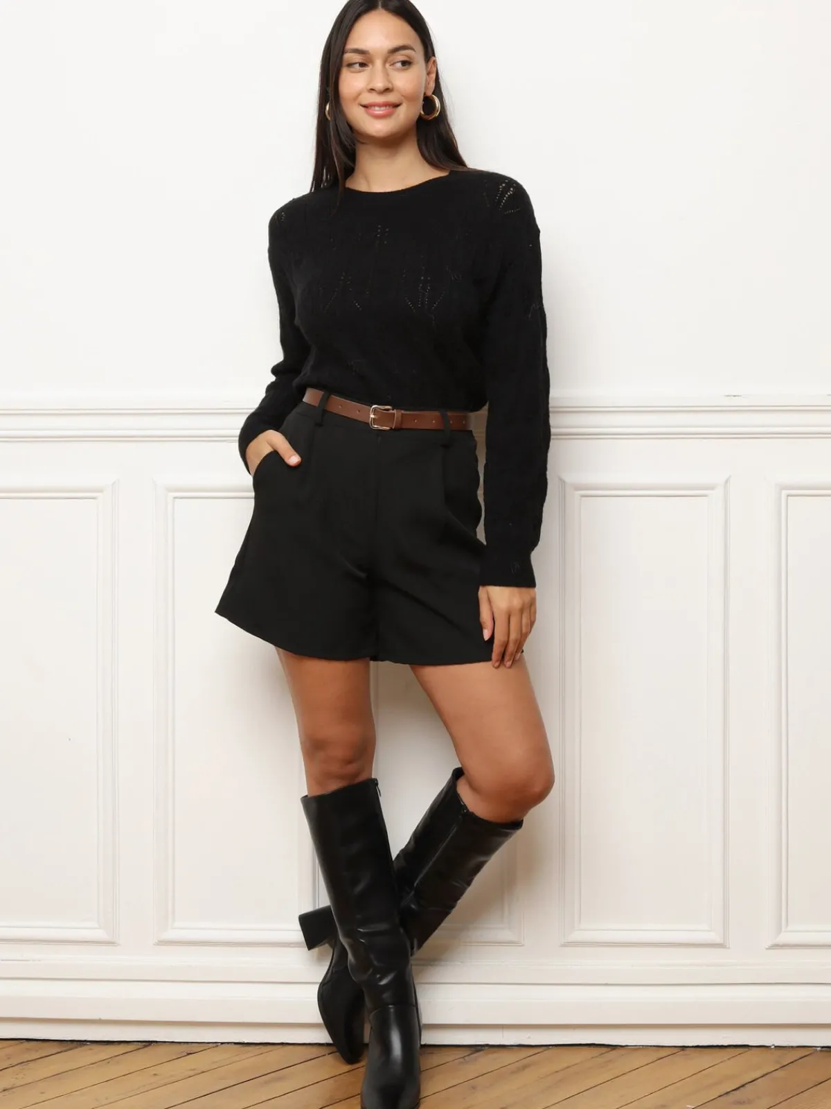 Hot La Modeuse Pull droit en maille ajourée Noir